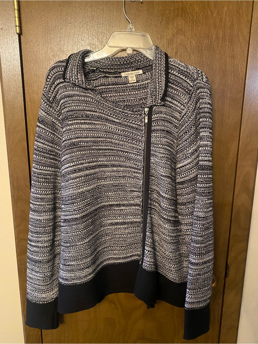 Coldwater Creek Black & White Knit Asymmetrical Zip Cardigan